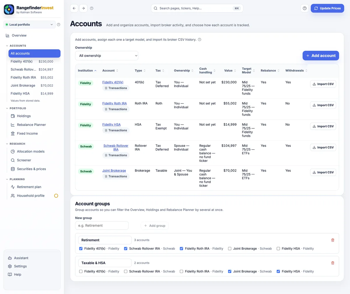Accounts page for the mid-career sample: five accounts (a Fidelity 401(k), Roth IRA and HSA, a Schwab Rollover IRA and a joint brokerage) with institution, type, tax treatment, ownership, cash handling, value, target model and a per-account CSV import, and a sidebar listing the same accounts with their balances